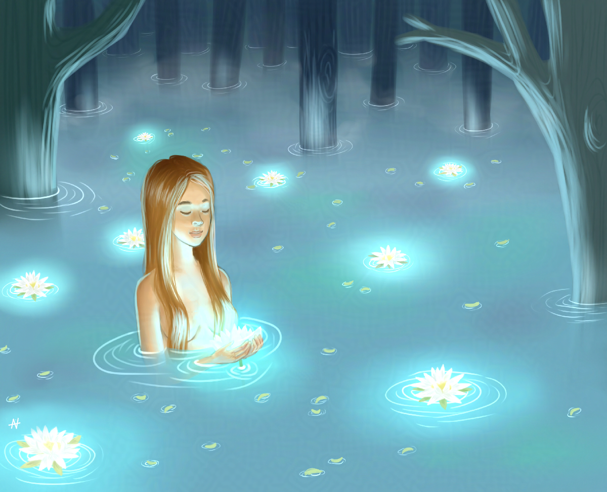 Dessin d'une clairière innondée, une femme nue se baigne et porte des fleurs lumineuses